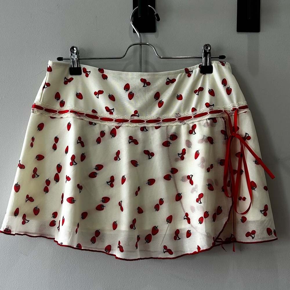 Adorable Cherry and Strawberry Print Skirt with Red Bow